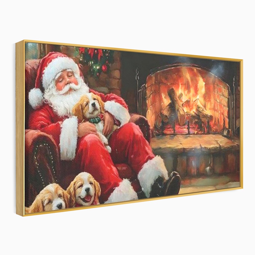 Tablou canvas cu mos craciun dormind cu catei langa semineu, in rama de aluminiu auriu